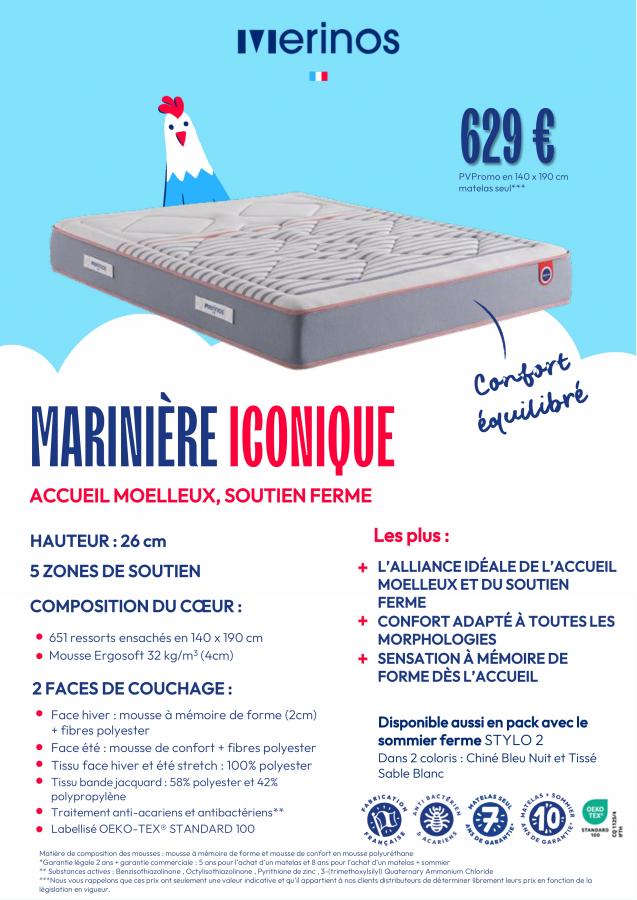 Matelas Merinos Marinière Iconique, épaisseur 26 cm, technologie ressorts ensachés et mémoire de forme, fabrication française.